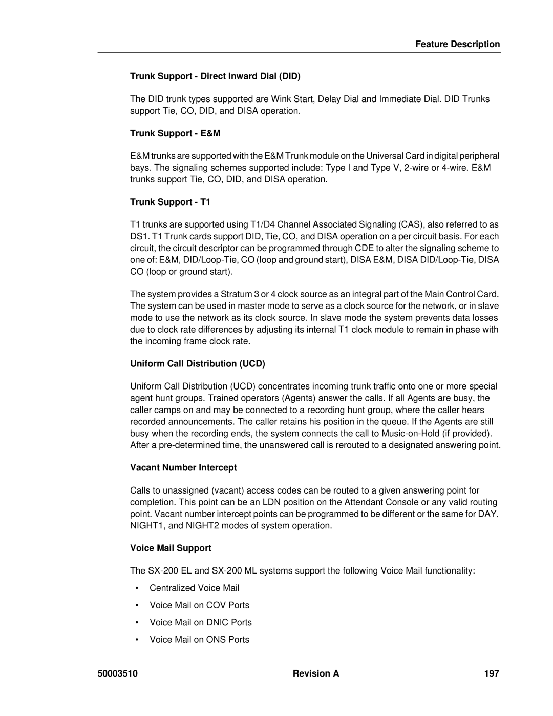 Mitel sx-200 Feature Description Trunk Support Direct Inward Dial did, Trunk Support E&M, Trunk Support T1, Revision a 197 