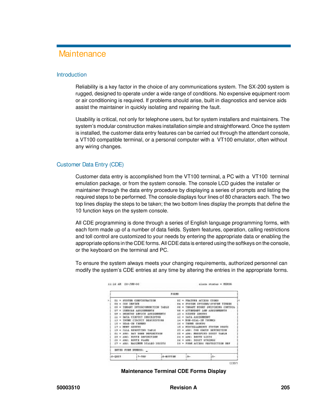 Mitel sx-200, SX-2000 manual Maintenance, Customer Data Entry CDE 