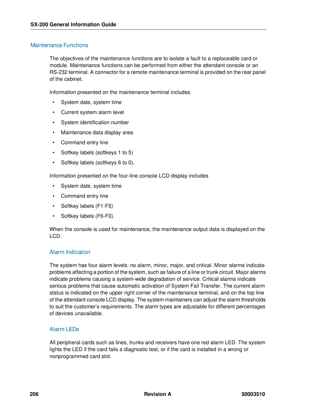 Mitel SX-2000, sx-200 manual Maintenance Functions, Alarm Indication, Alarm LEDs, Revision a 50003510 