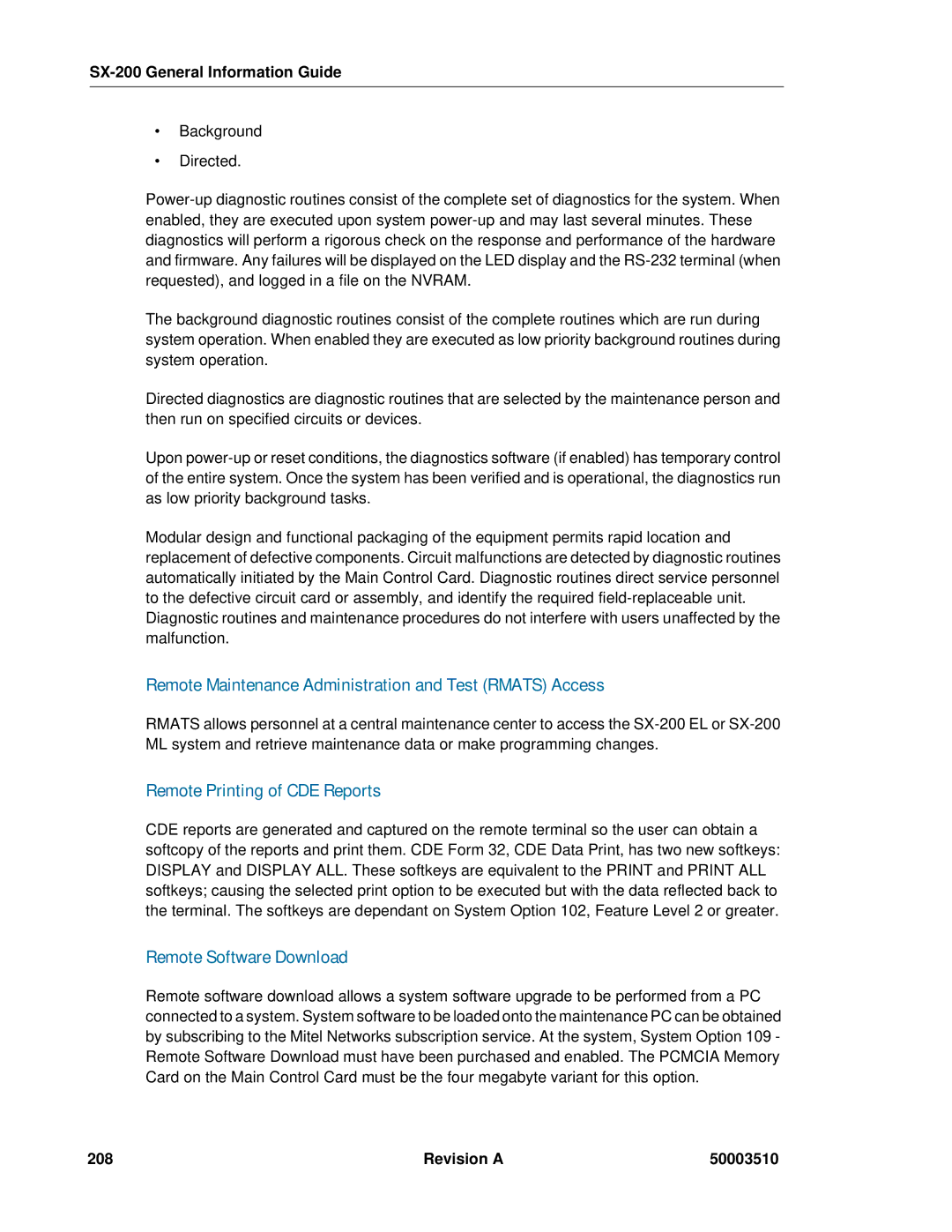 Mitel SX-2000 Remote Maintenance Administration and Test Rmats Access, Remote Printing of CDE Reports, Revision a 50003510 