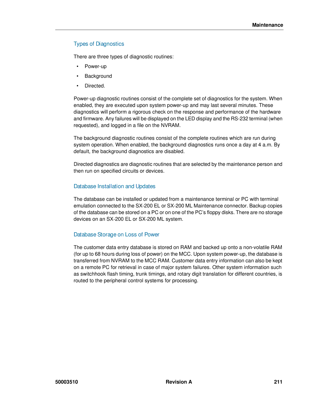 Mitel sx-200 Types of Diagnostics, Database Installation and Updates, Database Storage on Loss of Power, Revision a 211 