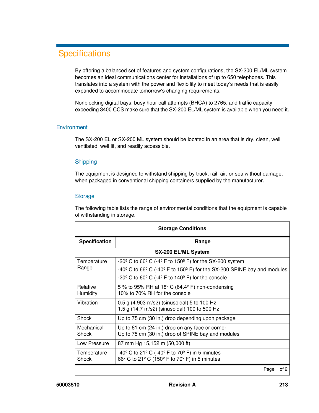 Mitel sx-200, SX-2000 manual Environment, Shipping, Storage 