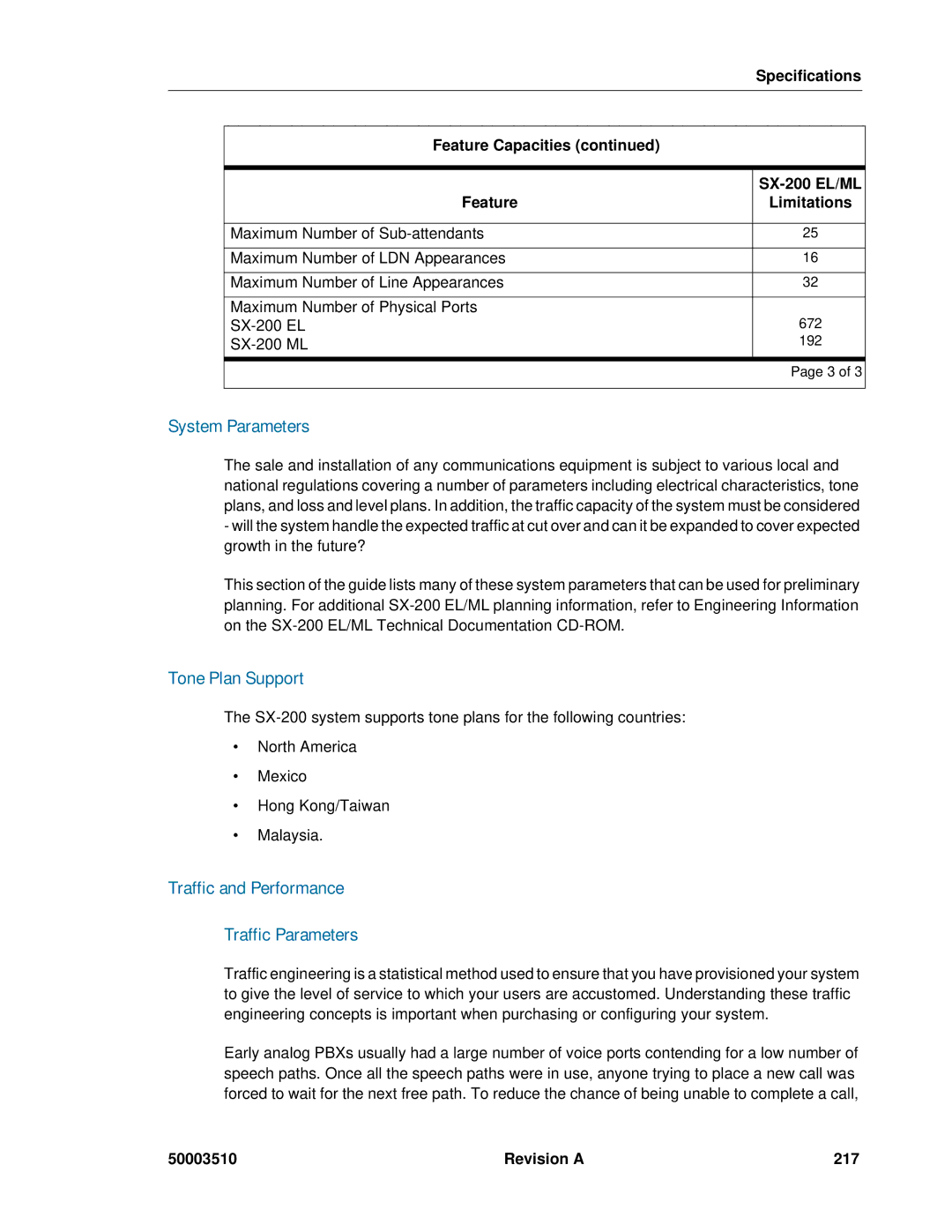 Mitel sx-200, SX-2000 manual System Parameters, Tone Plan Support, Traffic and Performance Traffic Parameters 