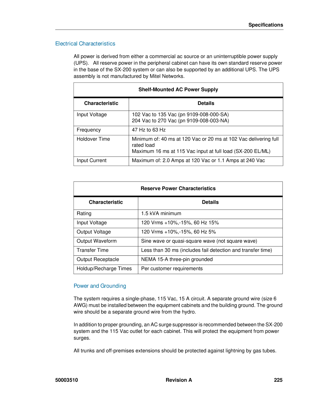 Mitel sx-200, SX-2000 manual Electrical Characteristics, Power and Grounding 