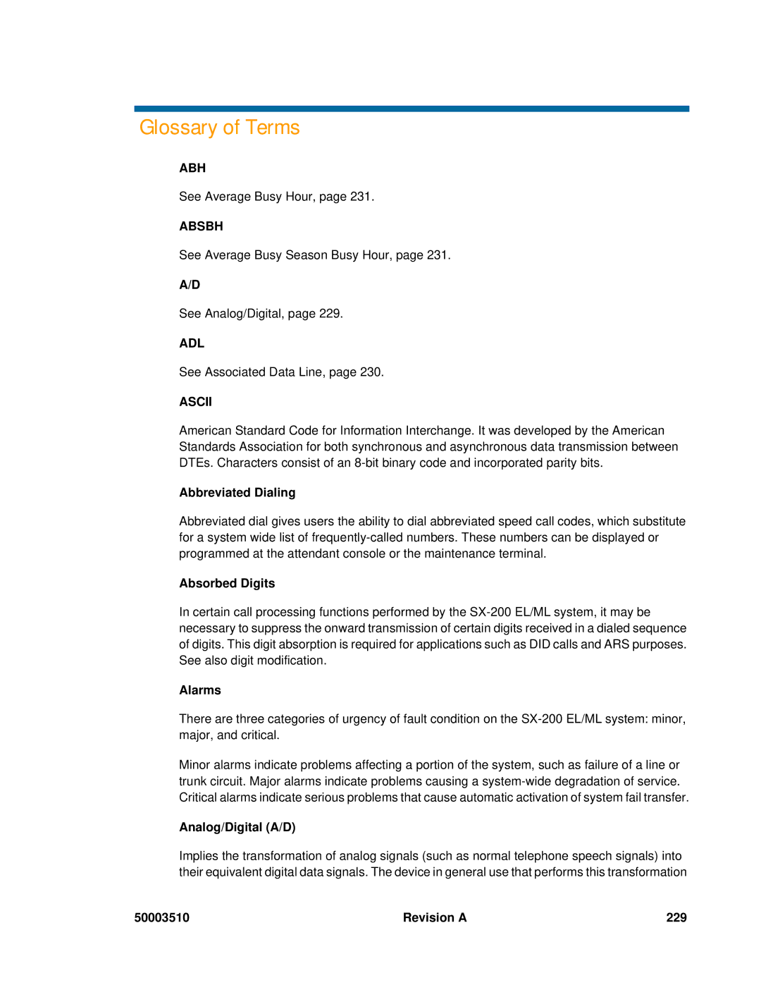 Mitel sx-200, SX-2000 manual Abbreviated Dialing, Absorbed Digits, Alarms, Analog/Digital A/D, Revision a 229 
