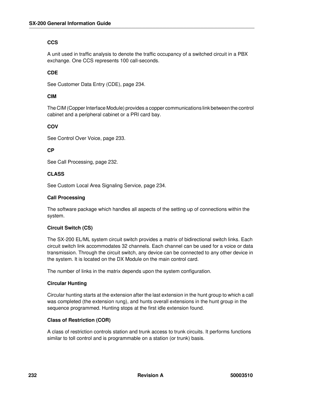 Mitel SX-2000, sx-200 manual Call Processing, Circuit Switch CS, Circular Hunting, Revision a 50003510 