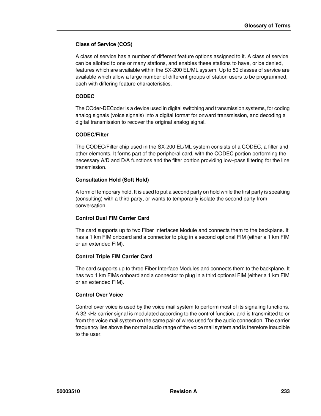 Mitel sx-200 manual Glossary of Terms Class of Service COS, CODEC/Filter, Consultation Hold Soft Hold, Control Over Voice 