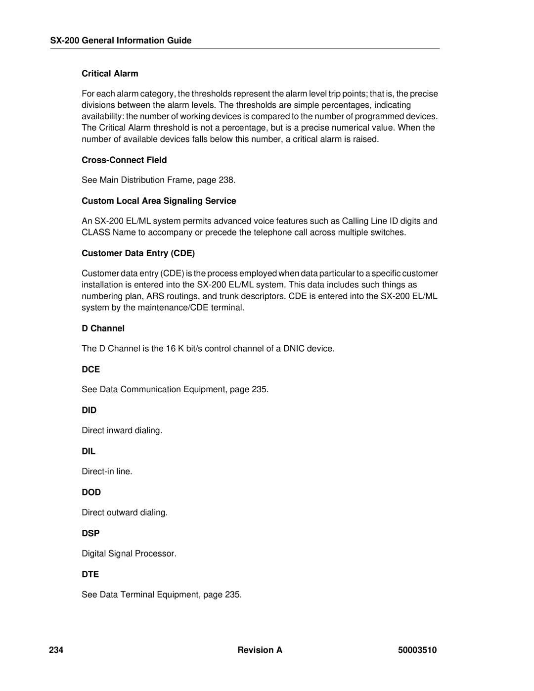 Mitel SX-2000 SX-200 General Information Guide Critical Alarm, Cross-Connect Field, Custom Local Area Signaling Service 