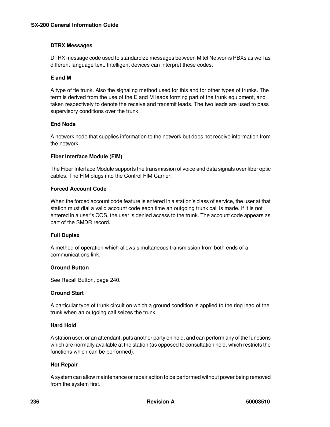 Mitel SX-2000 SX-200 General Information Guide Dtrx Messages, End Node, Fiber Interface Module FIM, Forced Account Code 