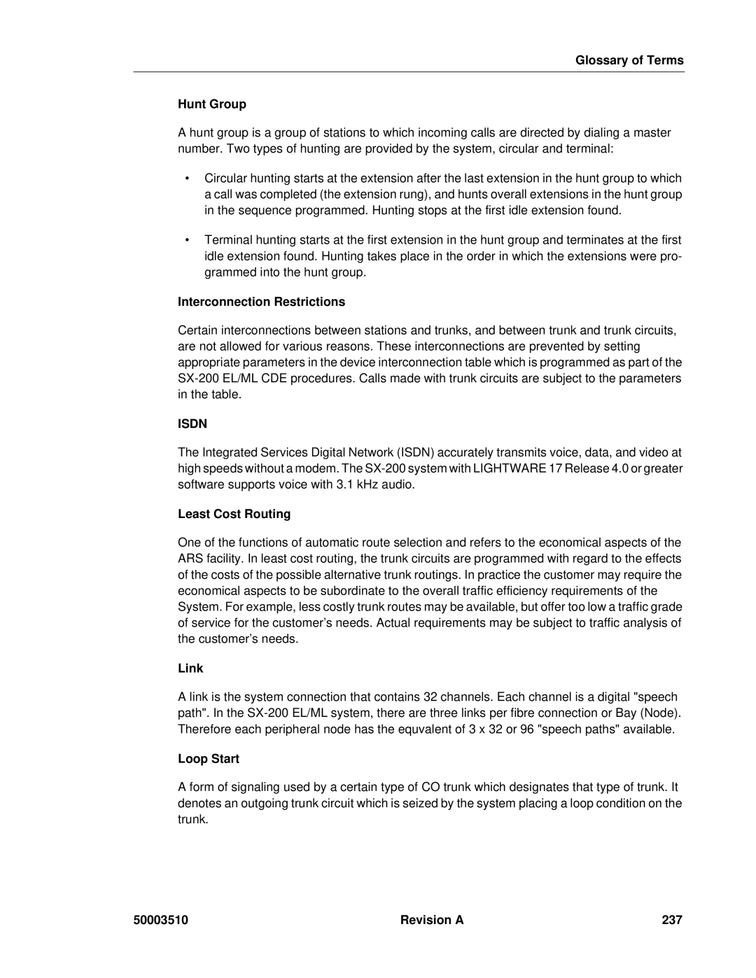 Mitel sx-200, SX-2000 Glossary of Terms Hunt Group, Interconnection Restrictions, Least Cost Routing, Link, Loop Start 