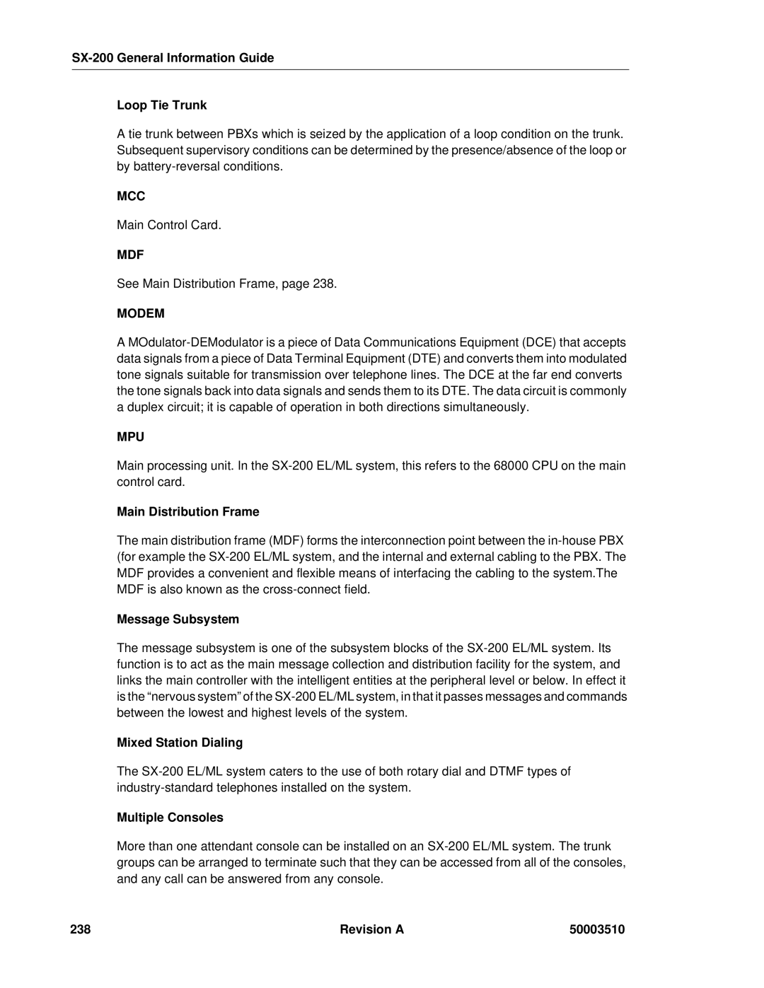 Mitel SX-2000, sx-200 manual SX-200 General Information Guide Loop Tie Trunk, Main Distribution Frame, Message Subsystem 