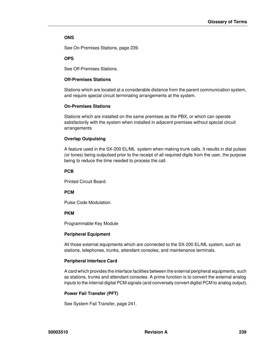 Mitel sx-200 Off-Premises Stations, On-Premises Stations, Peripheral Equipment, Peripheral Interface Card, Revision a 239 