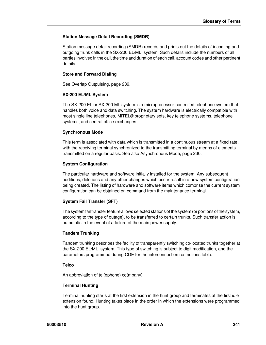 Mitel sx-200 Glossary of Terms Station Message Detail Recording Smdr, Store and Forward Dialing, Synchronous Mode, Telco 