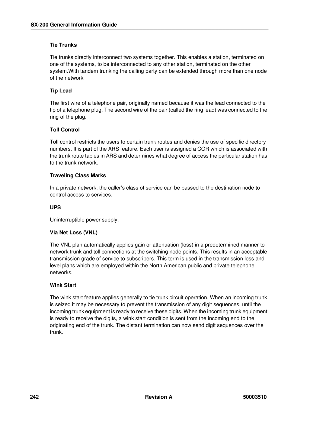 Mitel SX-2000 SX-200 General Information Guide Tie Trunks, Tip Lead, Traveling Class Marks, Via Net Loss VNL, Wink Start 