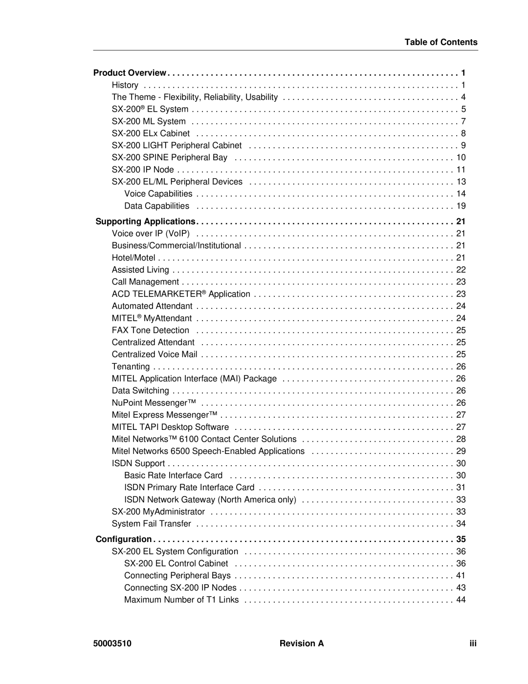 Mitel sx-200, SX-2000 manual Table of Contents, Configuration, Revision a 