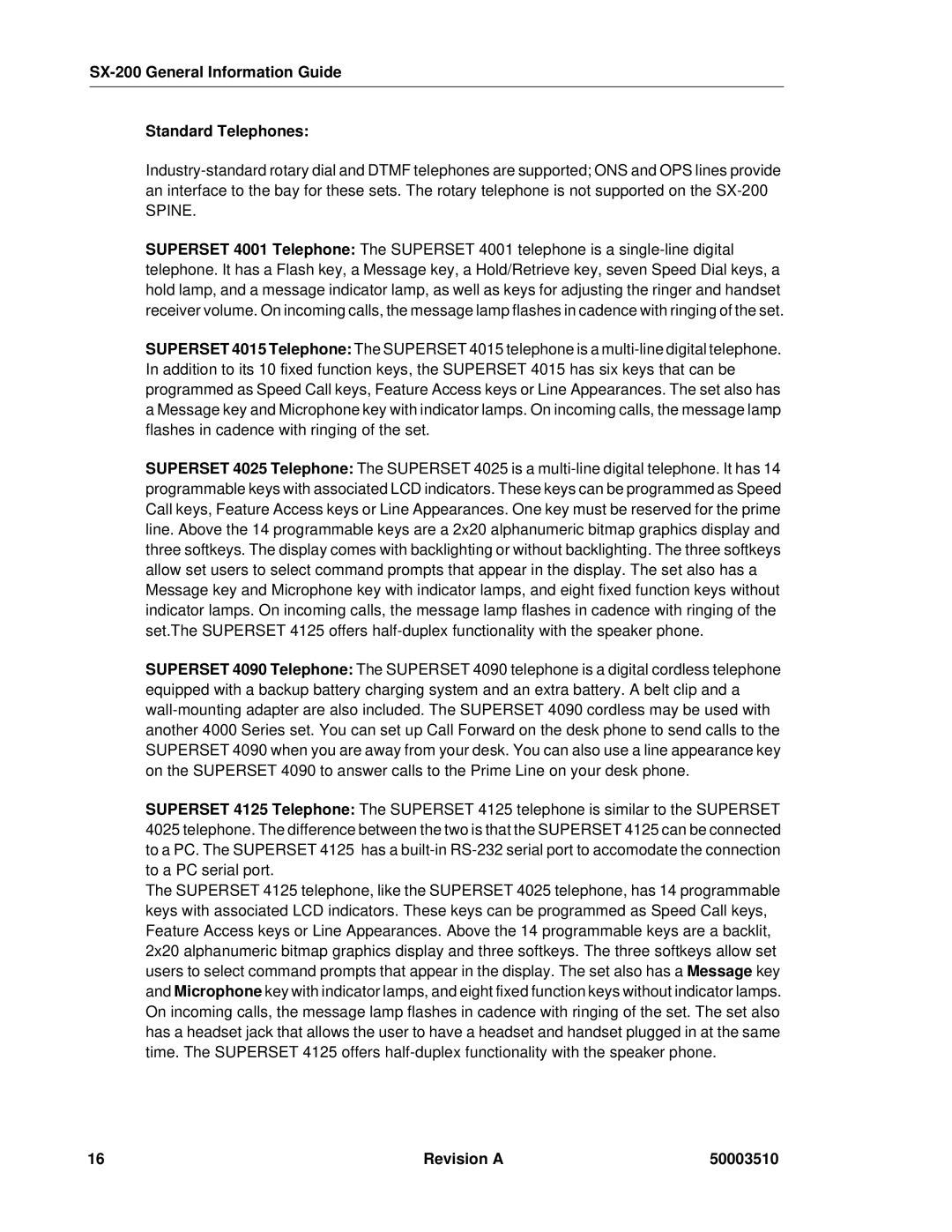 Mitel SX-2000, sx-200 manual SX-200 General Information Guide Standard Telephones, Spine 