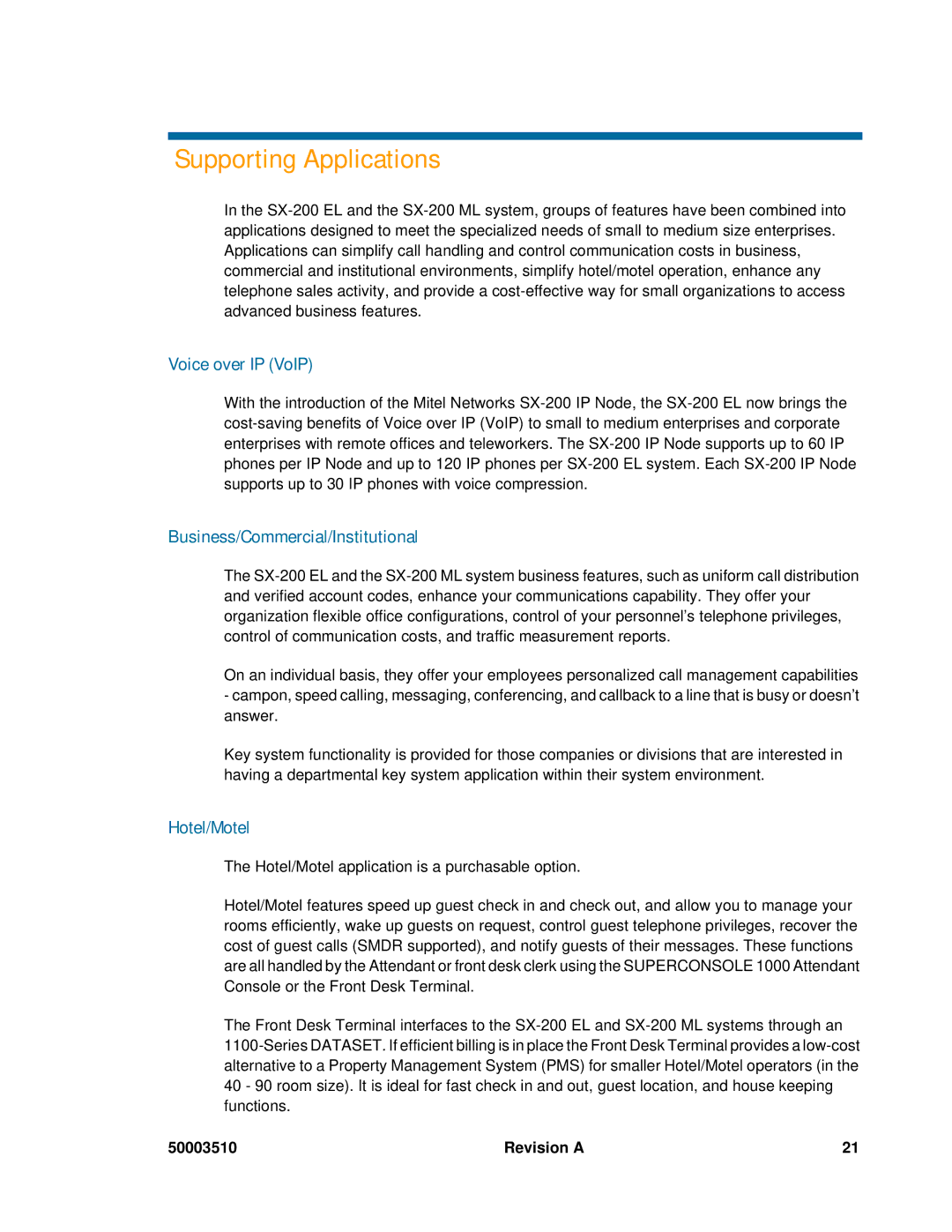 Mitel sx-200, SX-2000 manual Voice over IP VoIP, Business/Commercial/Institutional, Hotel/Motel 