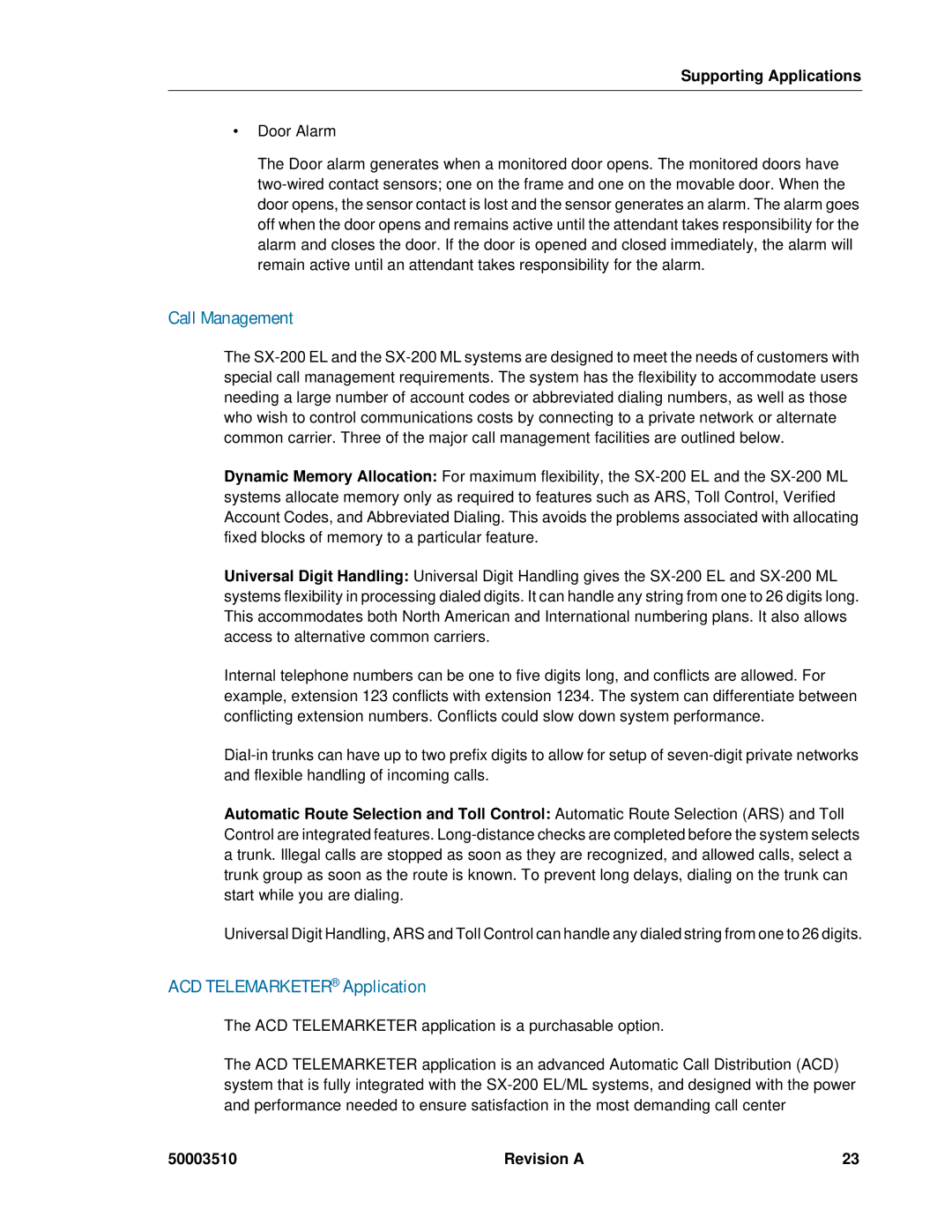 Mitel sx-200, SX-2000 manual Call Management, ACD Telemarketer Application, Supporting Applications 