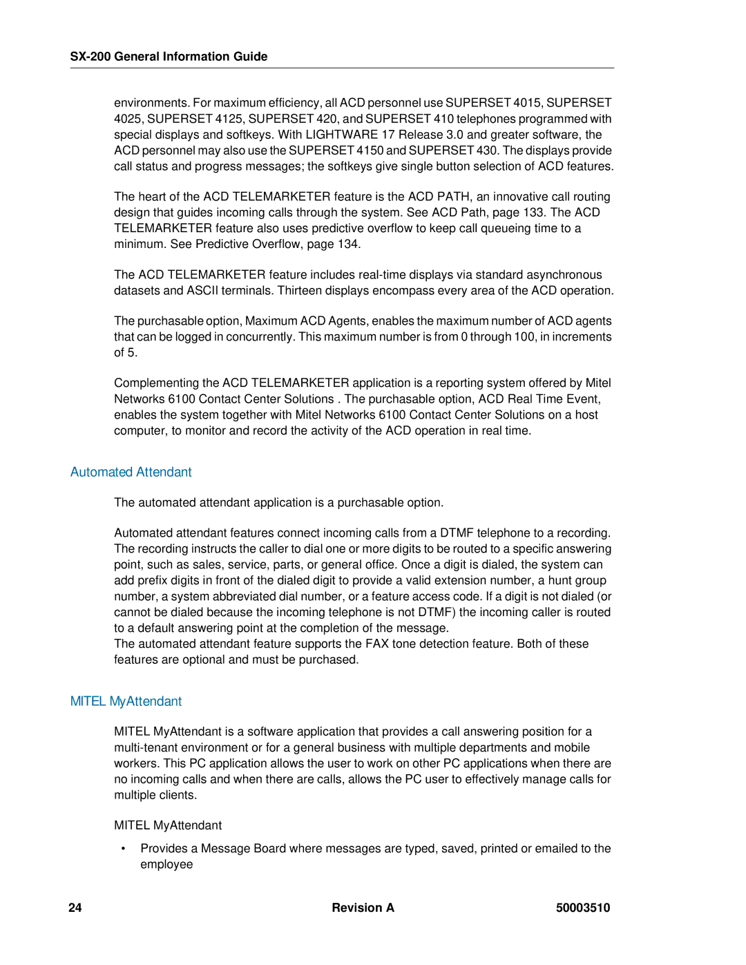 Mitel SX-2000, sx-200 manual Automated Attendant, Mitel MyAttendant 