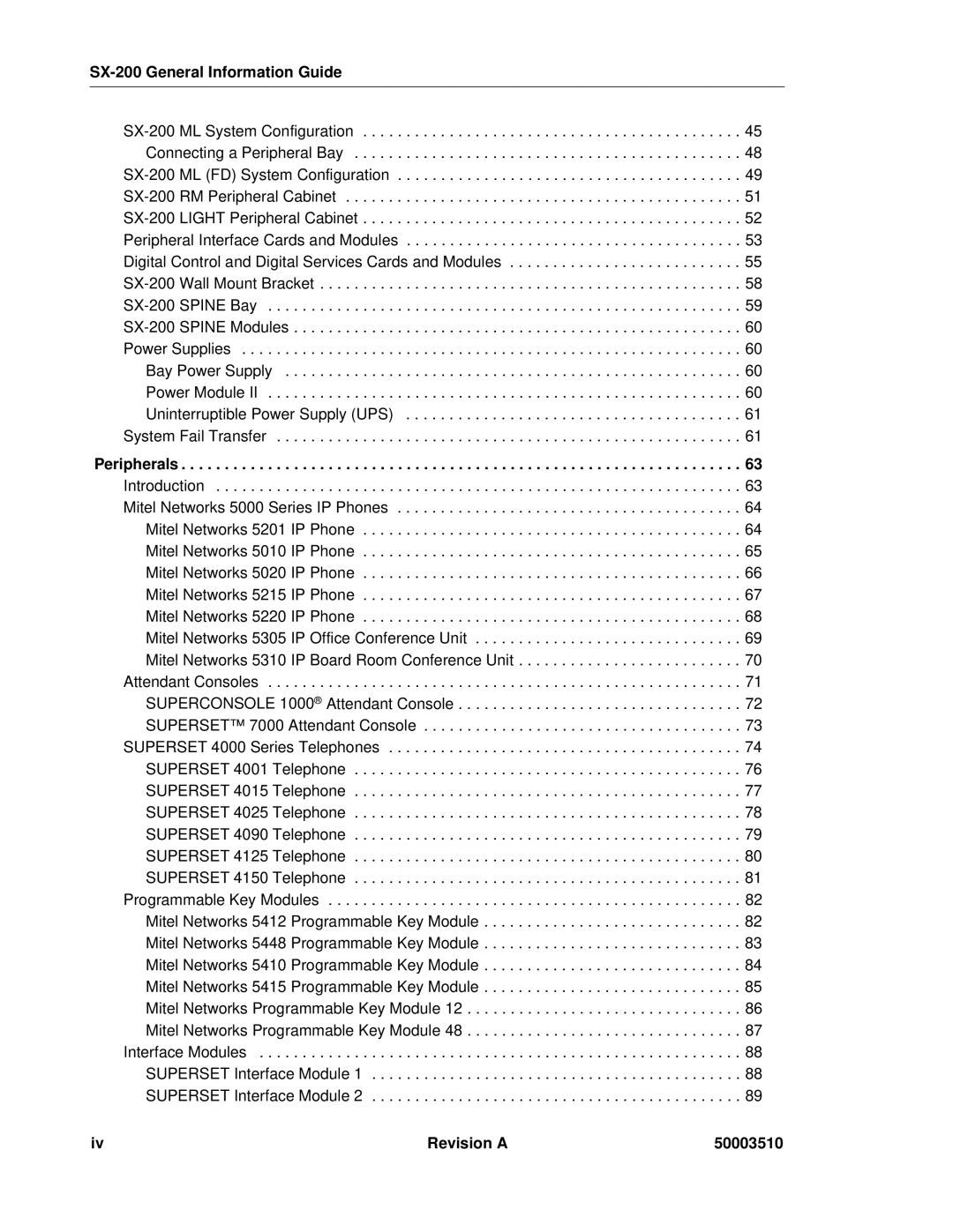 Mitel SX-2000, sx-200 manual SX-200 General Information Guide, Peripherals, Revision a 50003510 