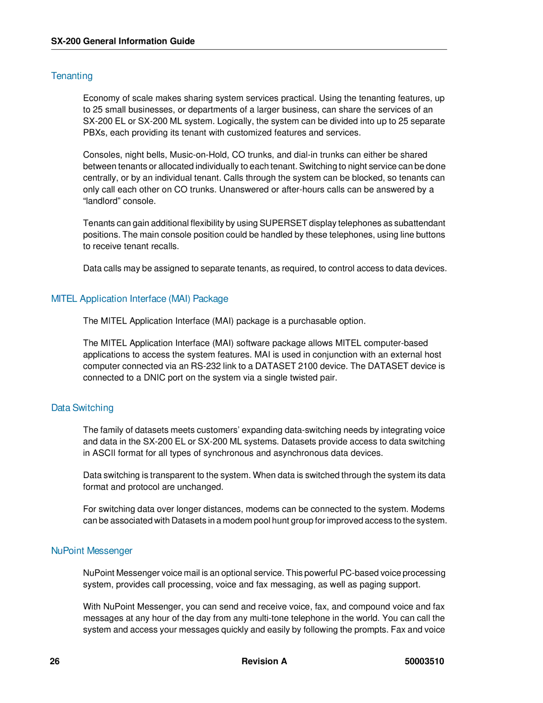 Mitel SX-2000, sx-200 manual Tenanting, Mitel Application Interface MAI Package, Data Switching, NuPoint Messenger 