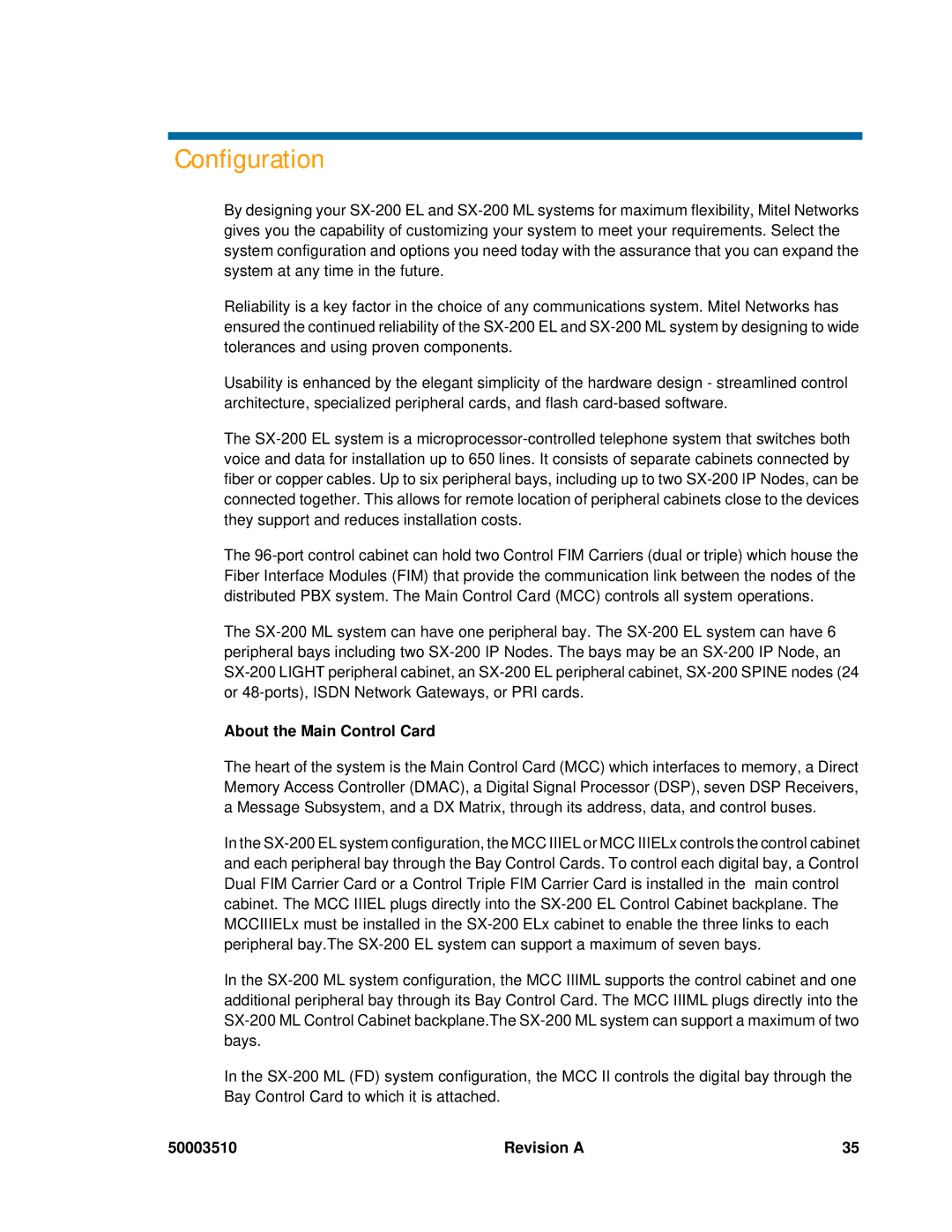 Mitel sx-200, SX-2000 manual Configuration, About the Main Control Card 