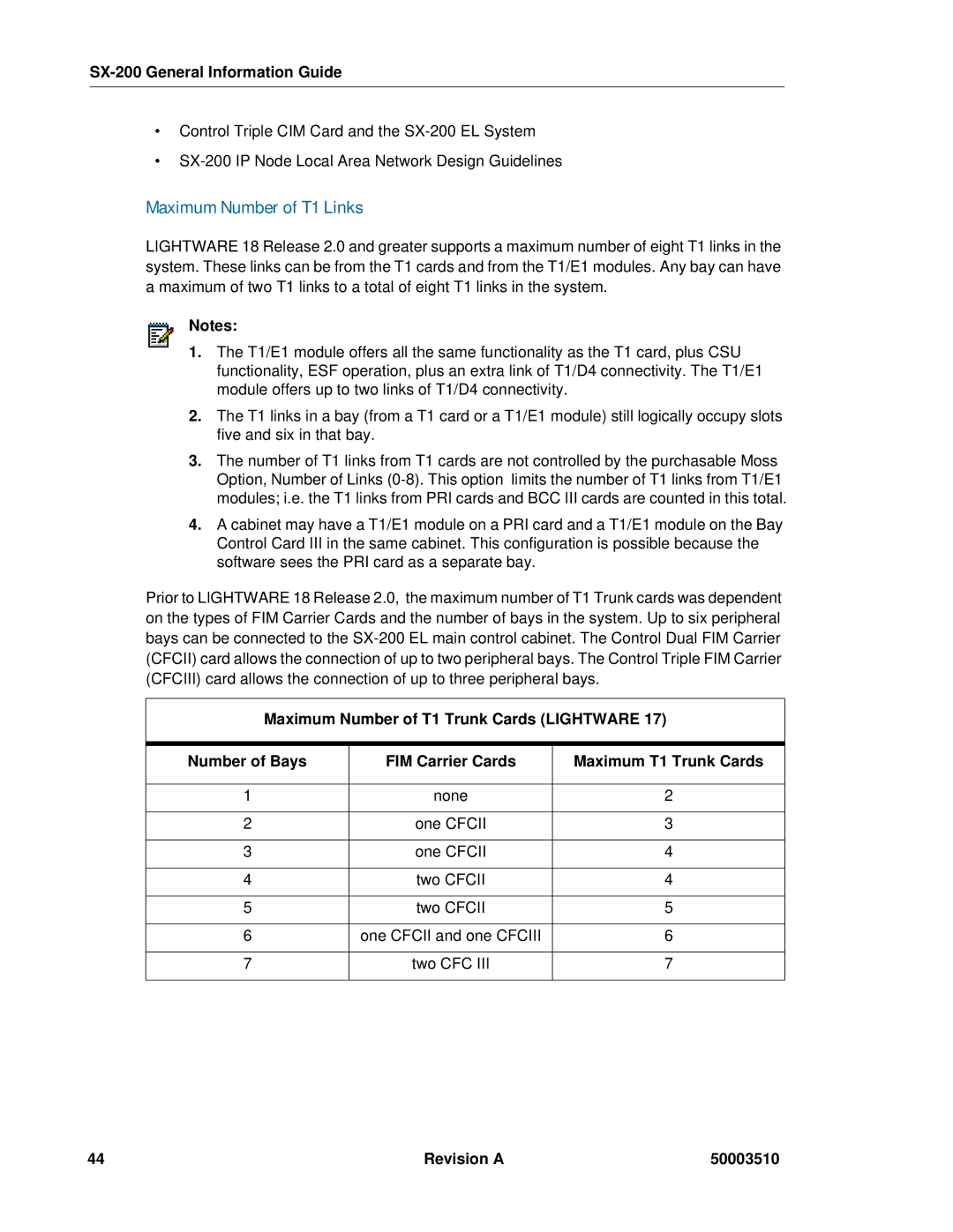 Mitel SX-2000, sx-200 manual Maximum Number of T1 Links 