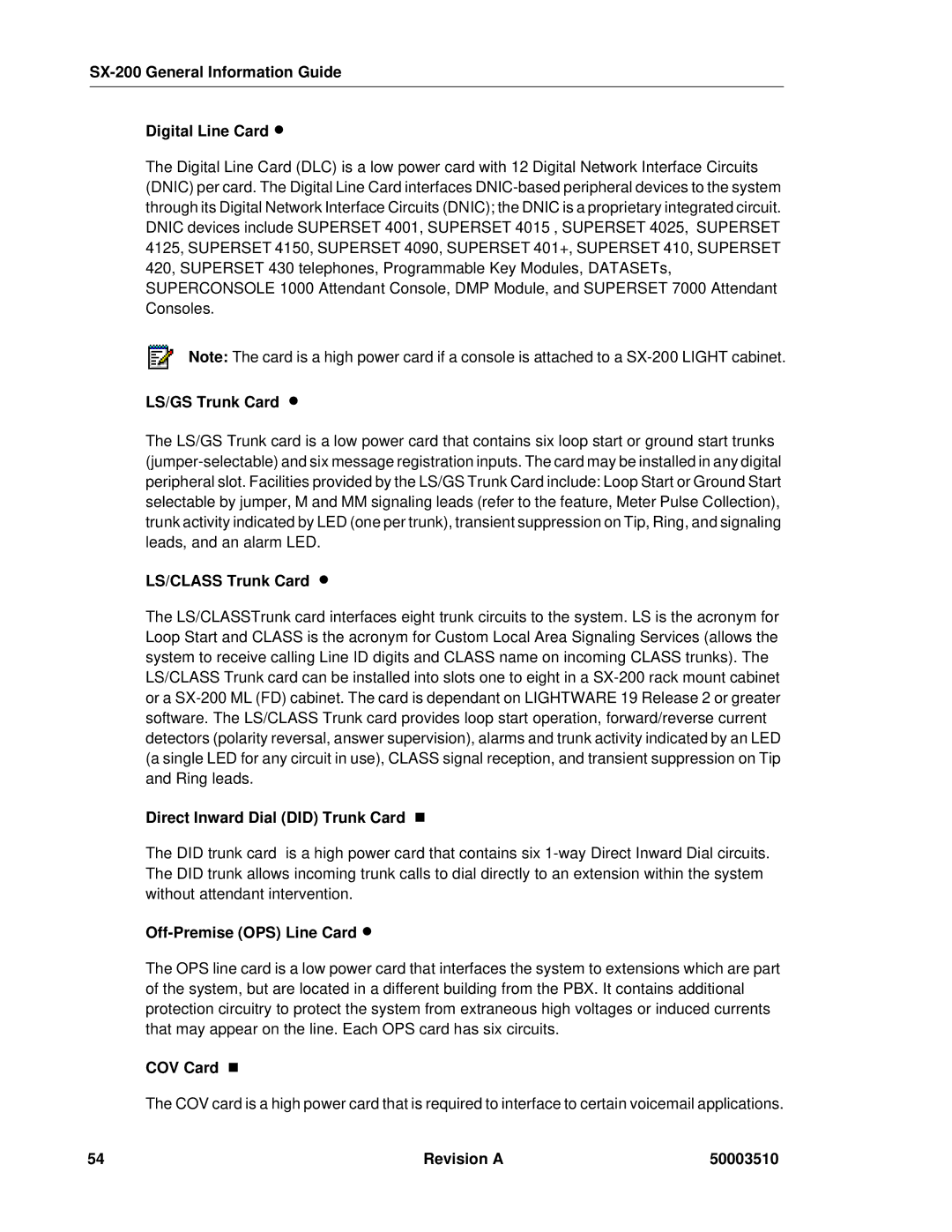 Mitel SX-2000, sx-200 SX-200 General Information Guide Digital Line Card, LS/GS Trunk Card, LS/CLASS Trunk Card, COV Card 