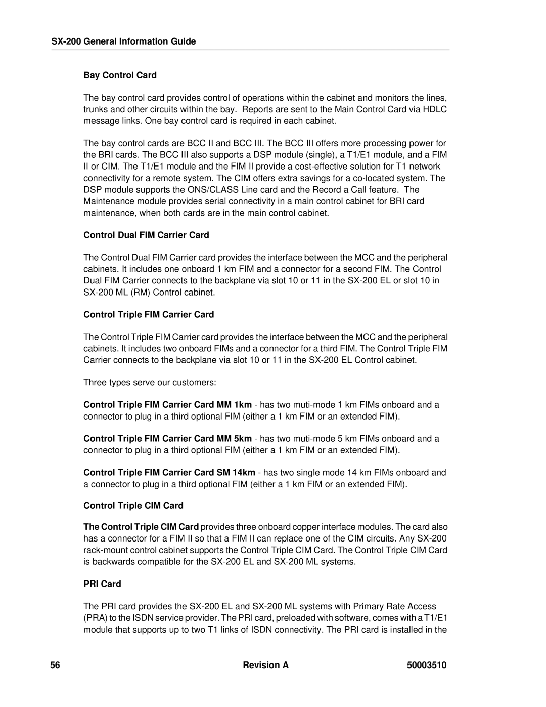 Mitel SX-2000 SX-200 General Information Guide Bay Control Card, Control Dual FIM Carrier Card, Control Triple CIM Card 