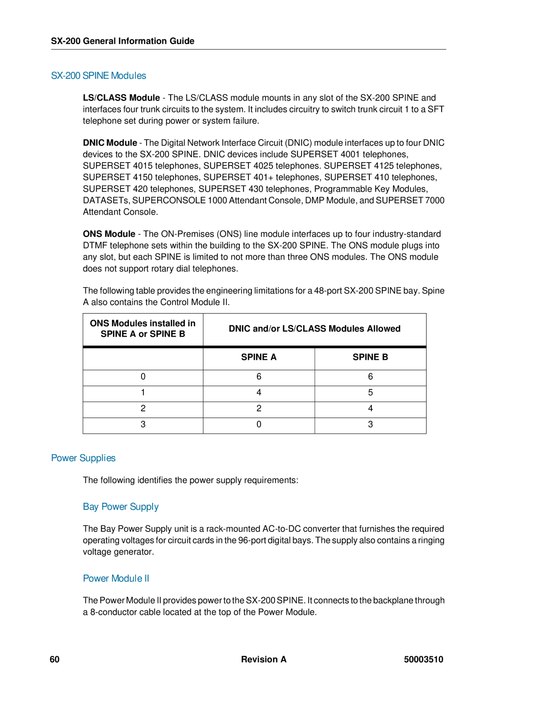 Mitel SX-2000, sx-200 manual SX-200 Spine Modules, Power Supplies, Bay Power Supply, Power Module 