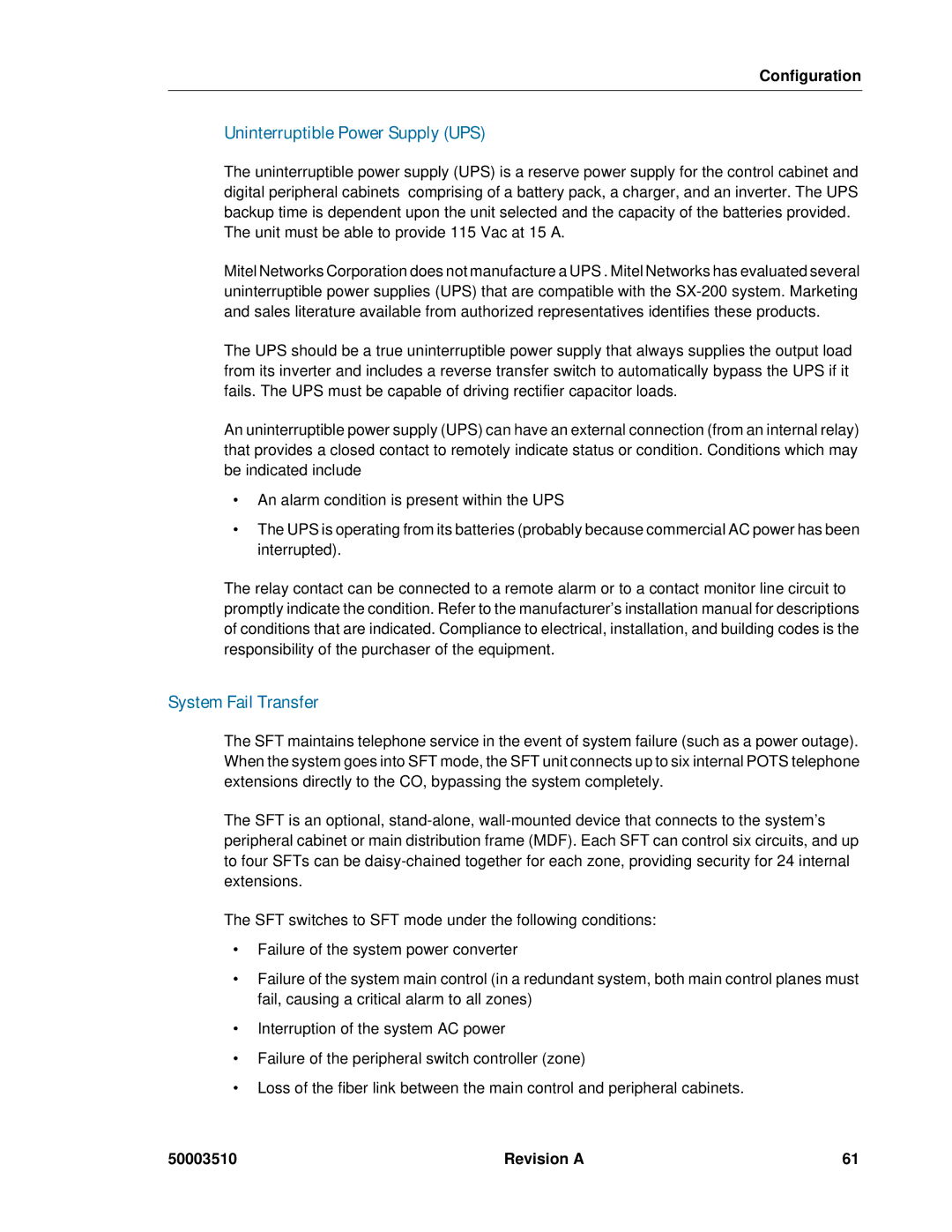 Mitel sx-200, SX-2000 manual Uninterruptible Power Supply UPS, System Fail Transfer 