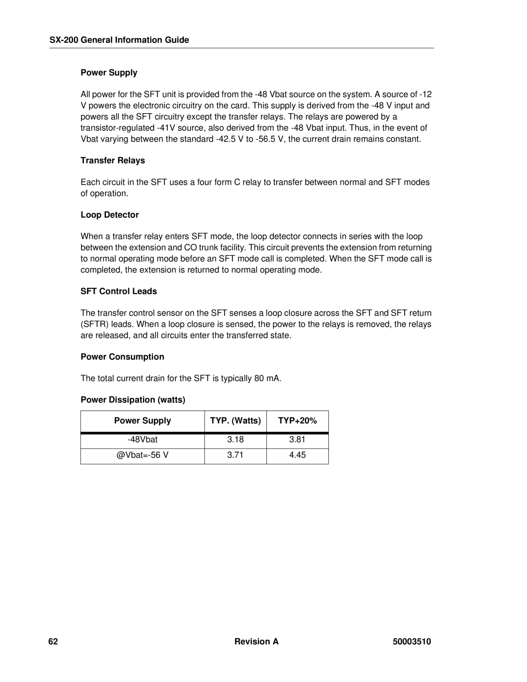 Mitel SX-2000, sx-200 SX-200 General Information Guide Power Supply, Transfer Relays, Loop Detector, SFT Control Leads 