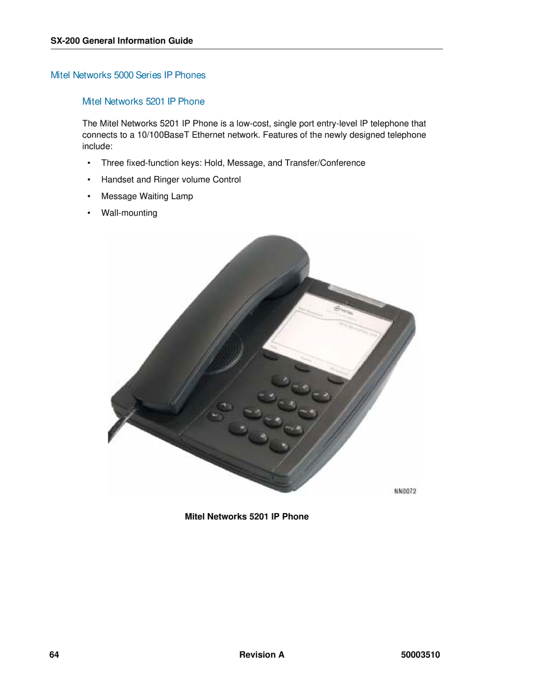 Mitel SX-2000, sx-200 manual SX-200 General Information Guide, Mitel Networks 5201 IP Phone Revision a 50003510 