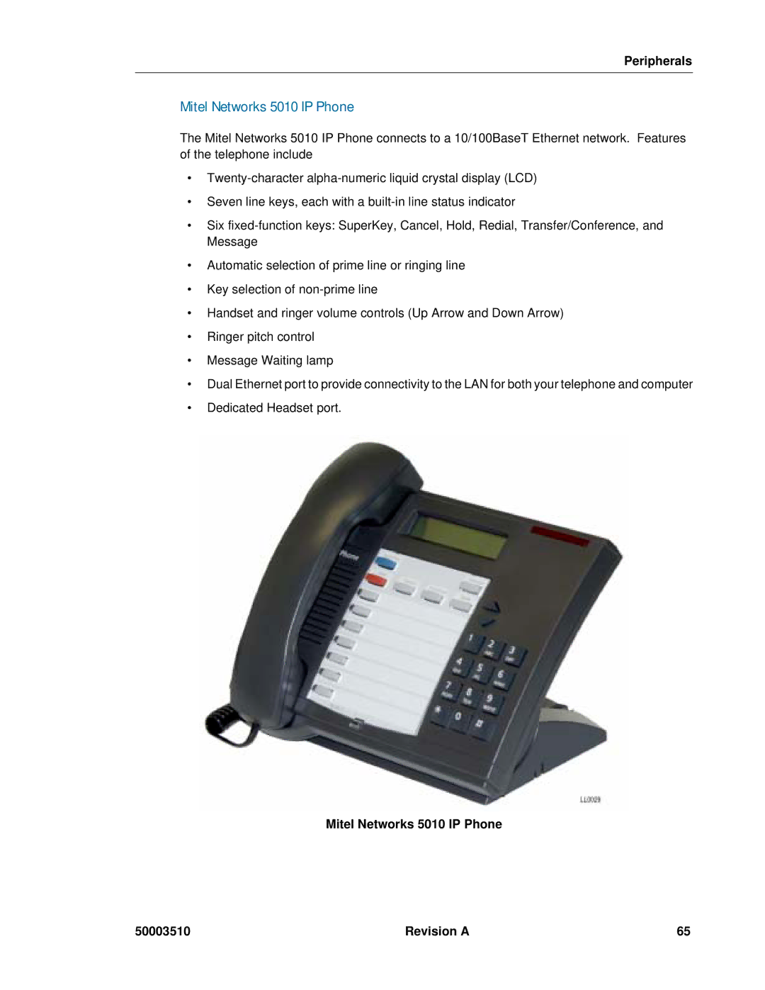 Mitel sx-200, SX-2000 manual Mitel Networks 5010 IP Phone 50003510 Revision a 