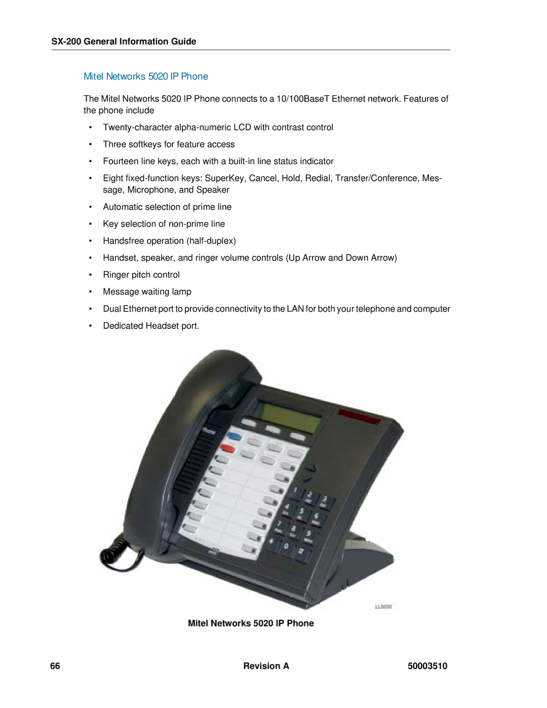 Mitel SX-2000, sx-200 manual Mitel Networks 5020 IP Phone Revision a 50003510 