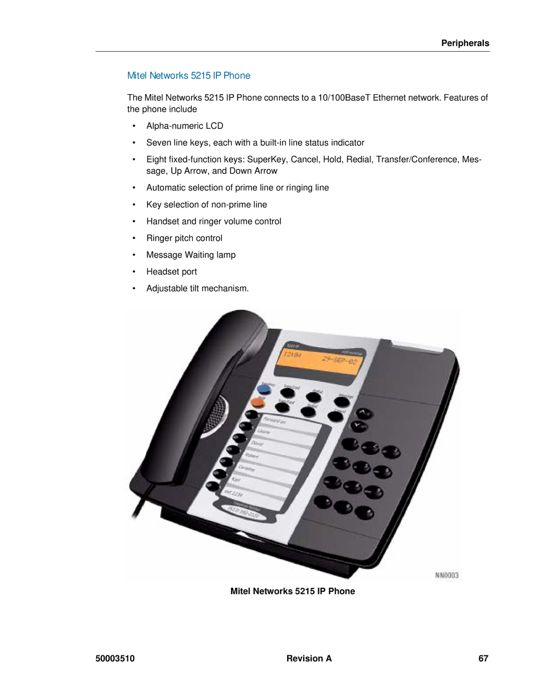 Mitel sx-200, SX-2000 manual Mitel Networks 5215 IP Phone 50003510 Revision a 