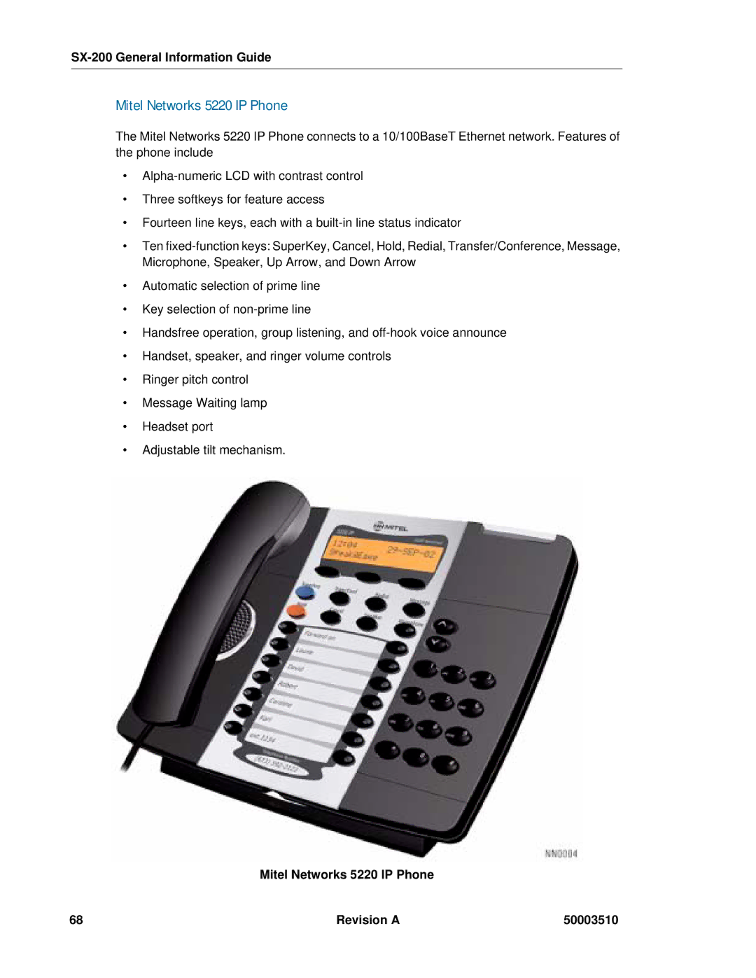 Mitel SX-2000, sx-200 manual Mitel Networks 5220 IP Phone Revision a 50003510 