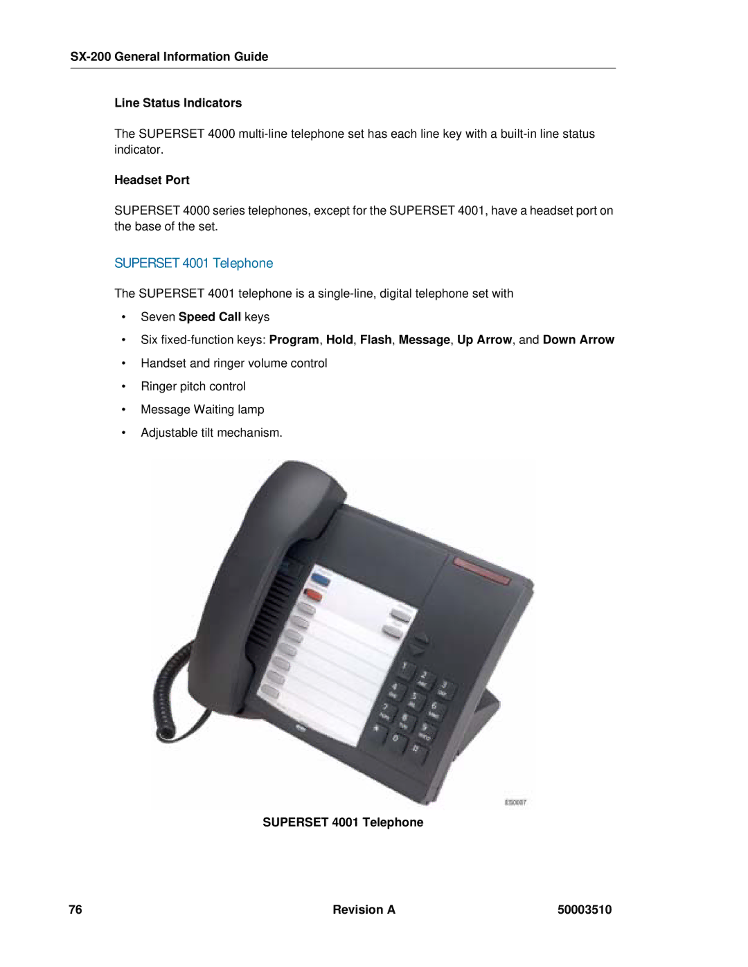 Mitel SX-2000, sx-200 manual Superset 4001 Telephone, SX-200 General Information Guide Line Status Indicators, Headset Port 