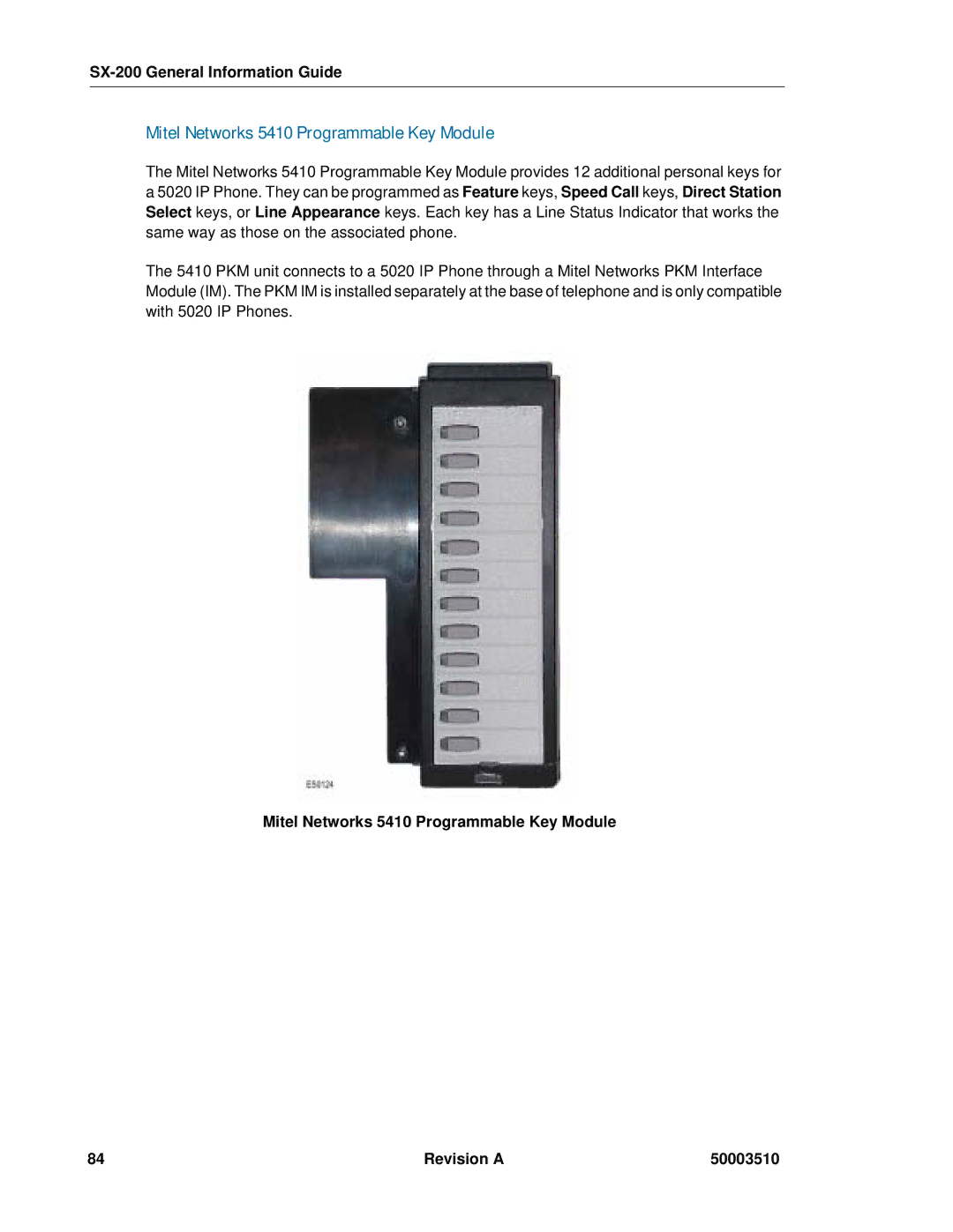 Mitel SX-2000, sx-200 manual Mitel Networks 5410 Programmable Key Module 