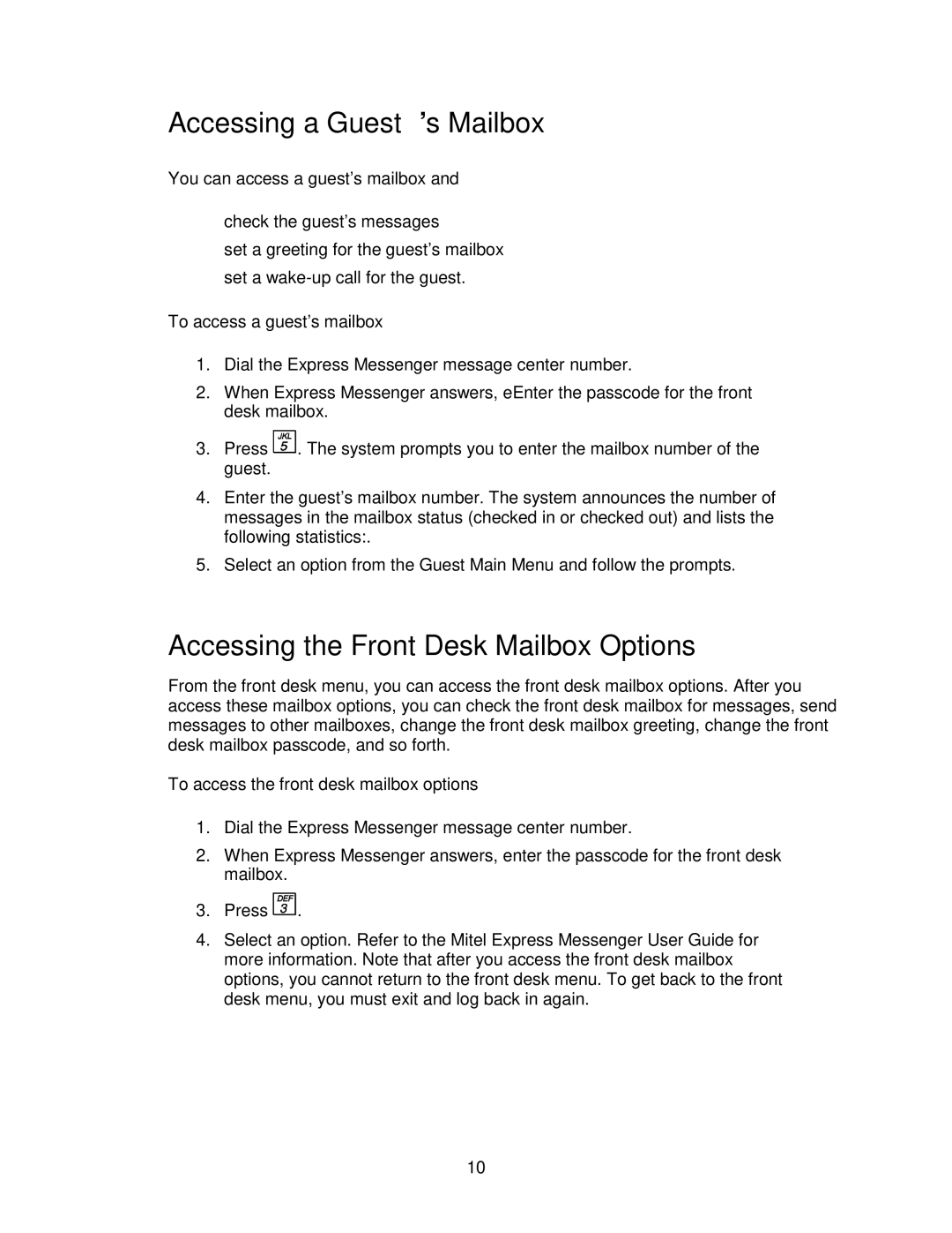 Mitel SX-200ML, SX-200EL manual Accessing a Guest’s Mailbox, Accessing the Front Desk Mailbox Options 