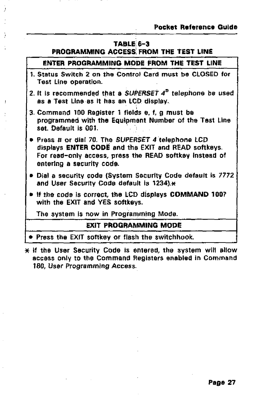 Mitel SX-50 manual Enter Programming Mode from the Test Line, Exit Programming Mode 