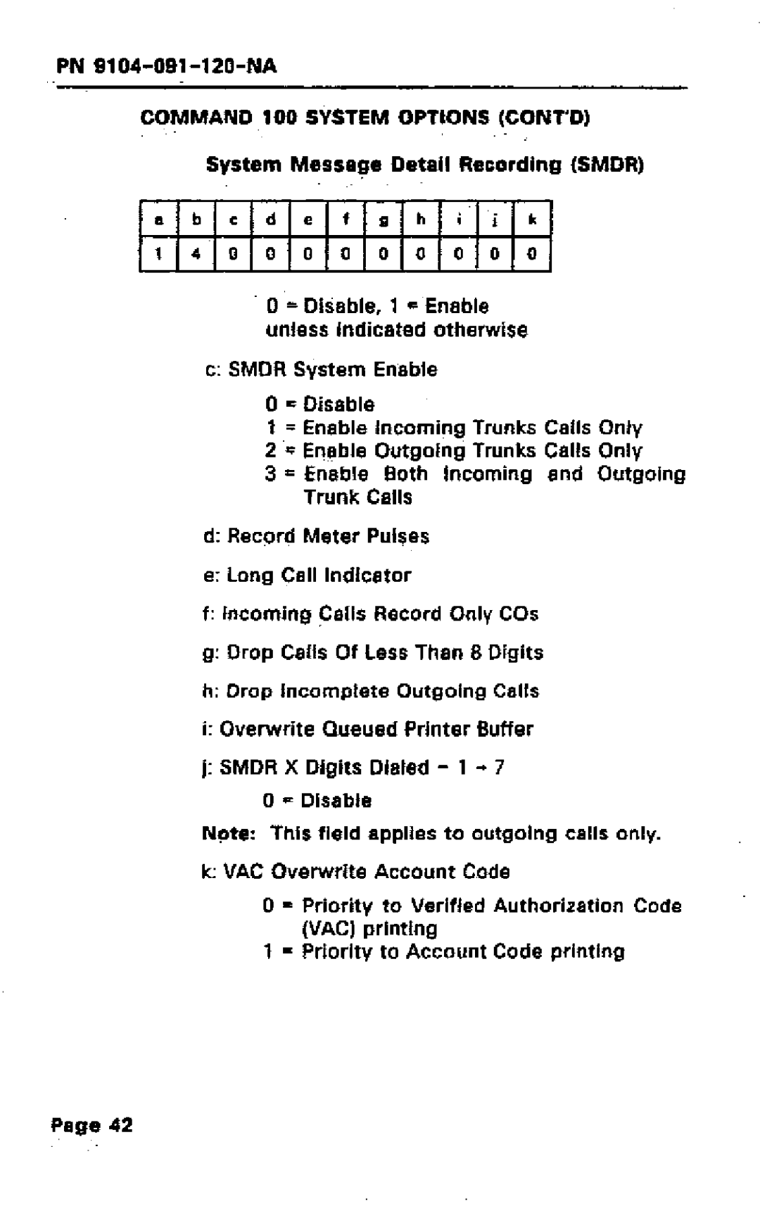 Mitel SX-50 manual System Messa~e Detail Renording Smdr, Disable, = Enable Both Incoming and Outgoing Trunk Calls 