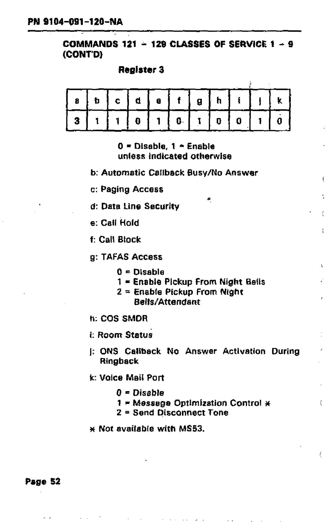 Mitel SX-50 Register, Commands 121 .. Classes of Service 1- 9 Contd, Data line Security, Bells/Attendant, Room Status 