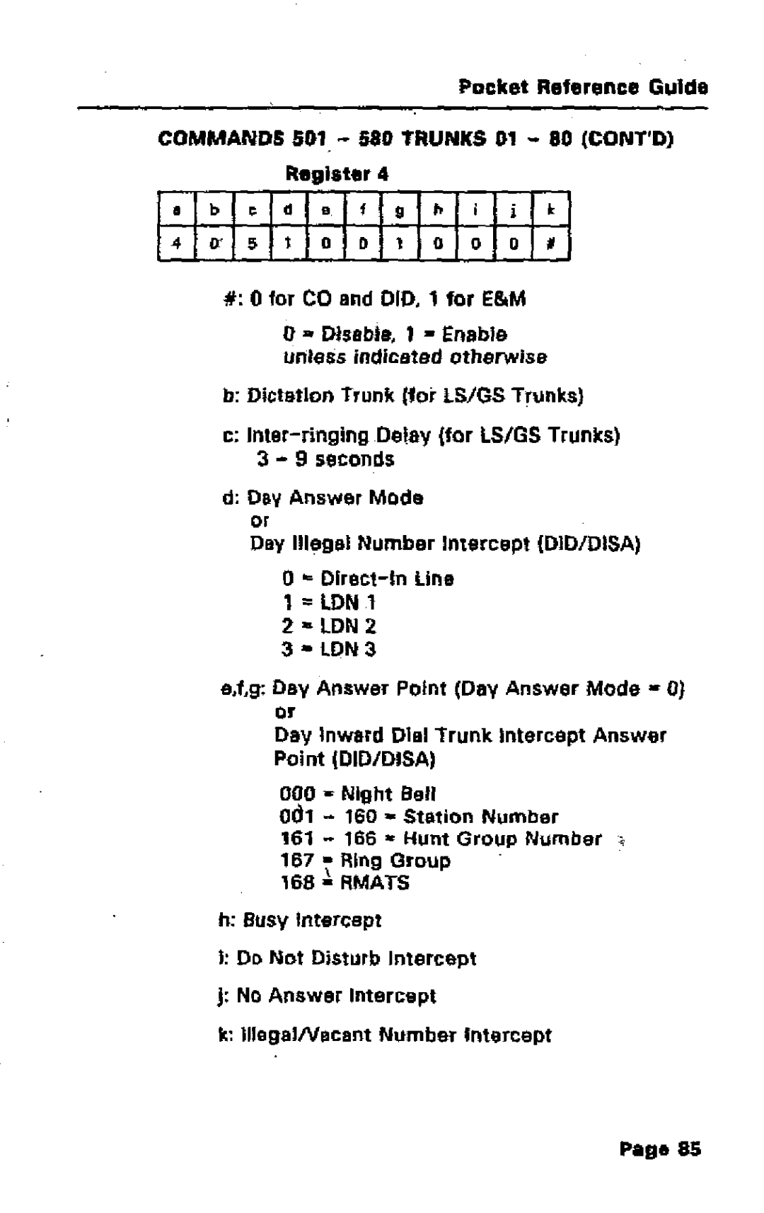 Mitel SX-50 manual Reglster4, Dictation Trunllfor LS/GS Trunks, Day Answer Mode, ~ Direct-In line 1 =LON 