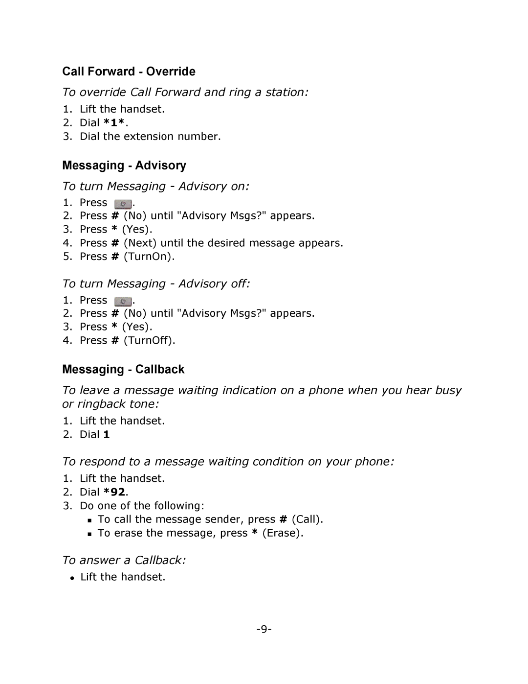 Mitel T7100 manual Call Forward Override, Messaging Advisory, Messaging Callback 