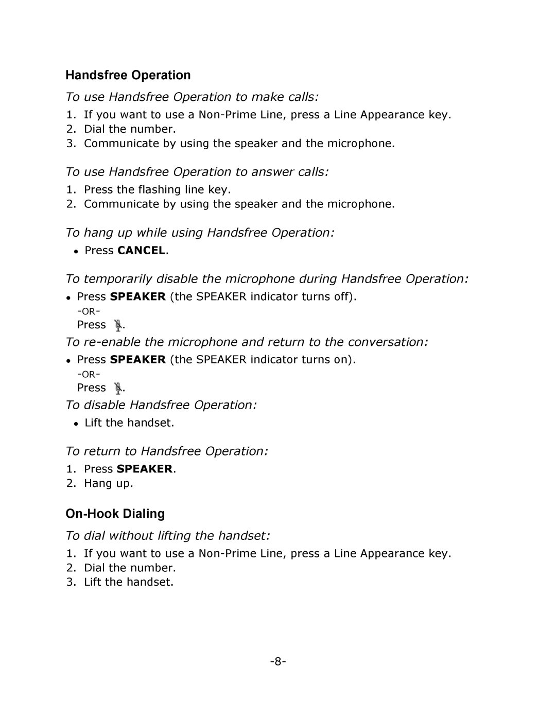 Mitel T7208 manual Handsfree Operation, On-Hook Dialing 