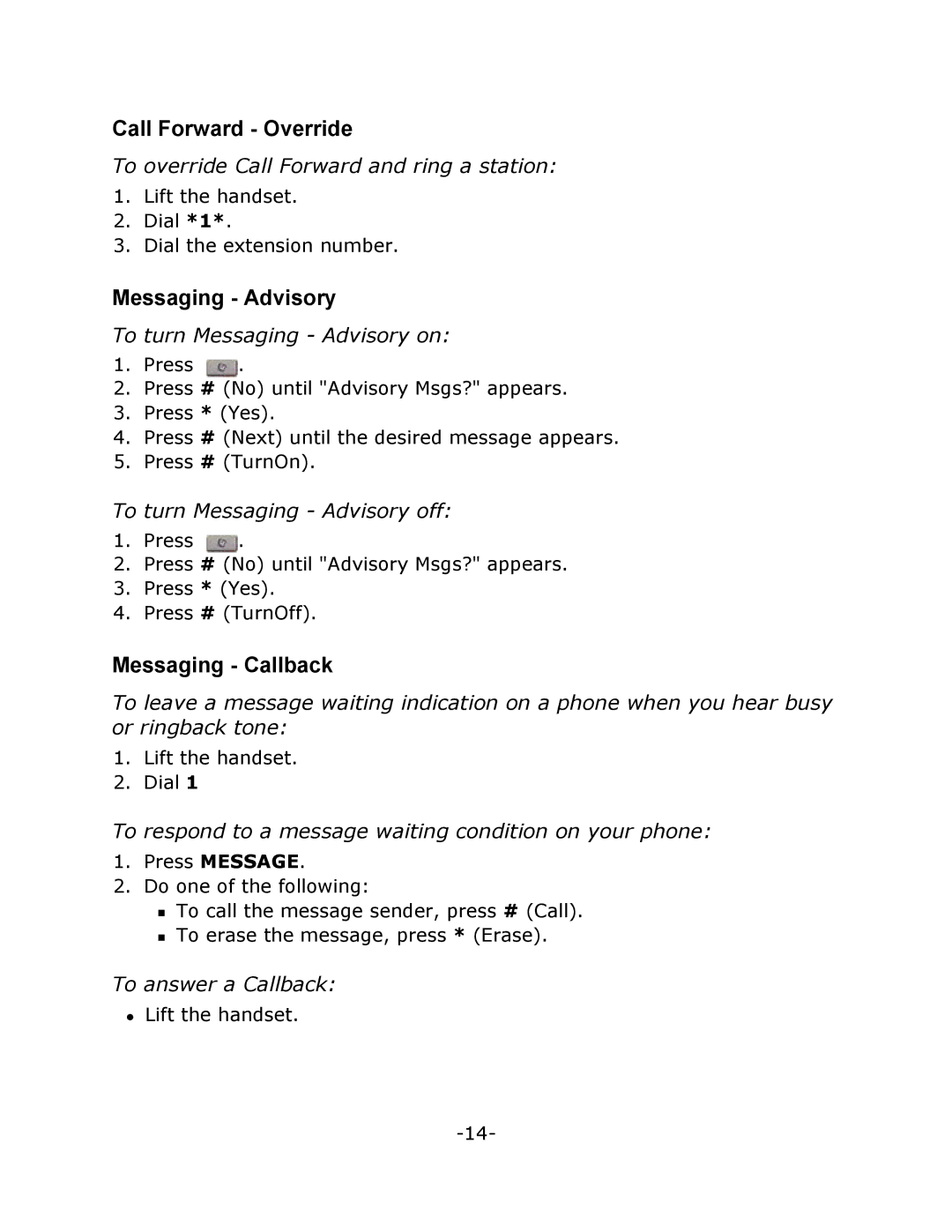 Mitel T7208 manual Call Forward Override, Messaging Advisory, Messaging Callback 