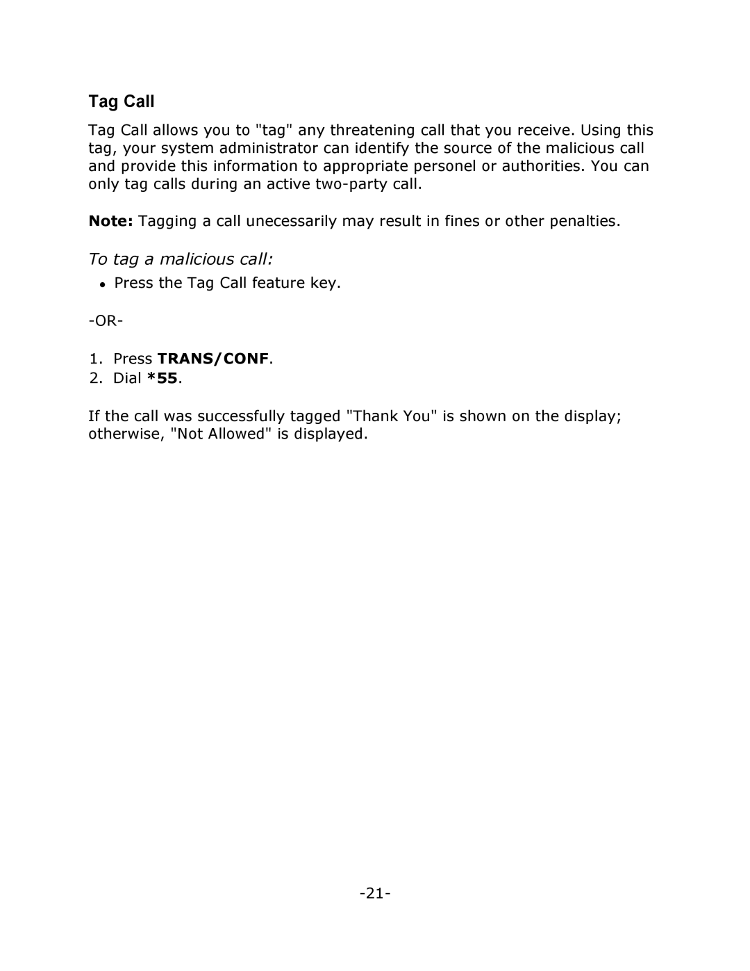 Mitel T7208 manual Tag Call, To tag a malicious call 