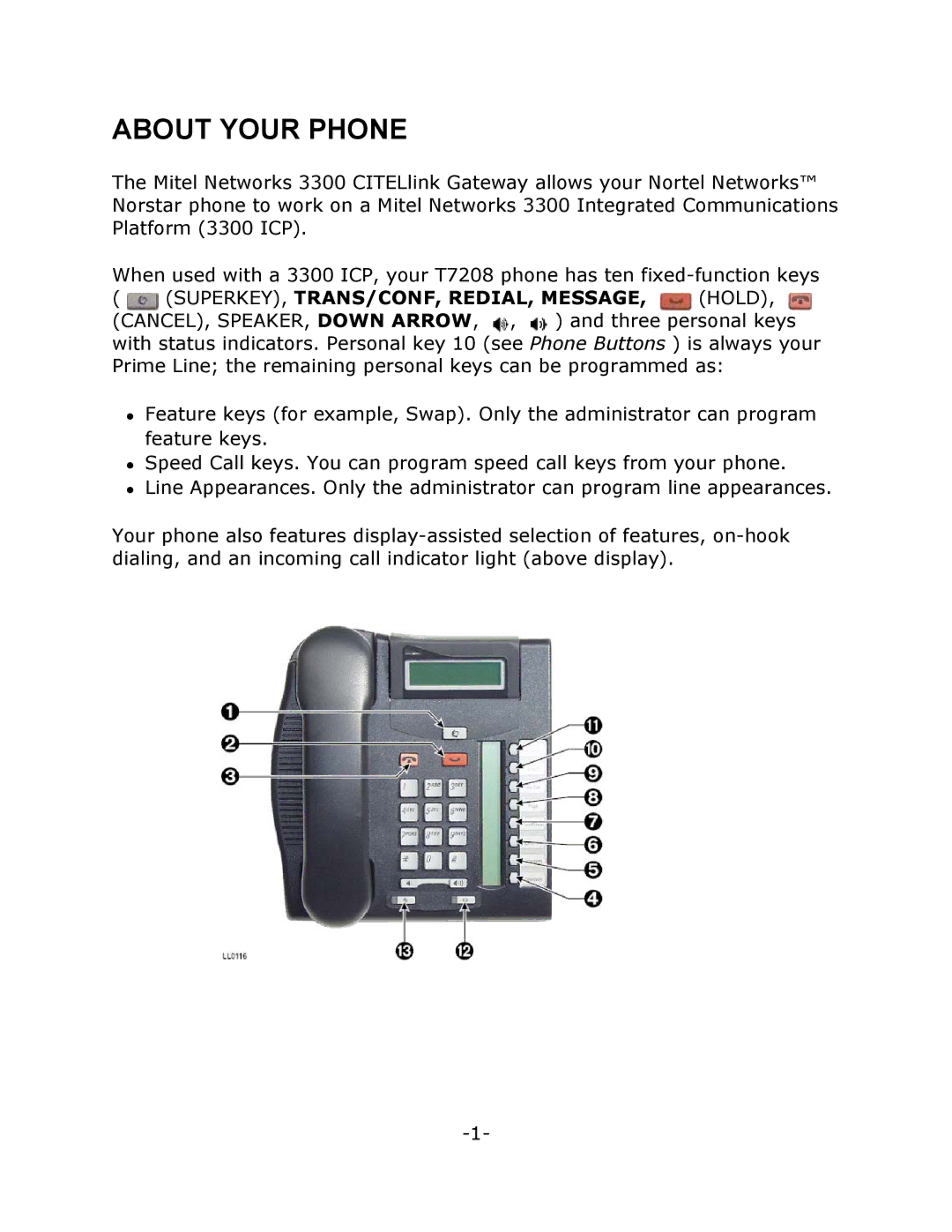 Mitel T7208 manual About Your Phone, SUPERKEY, TRANS/CONF, REDIAL, MESSAGE, Hold 