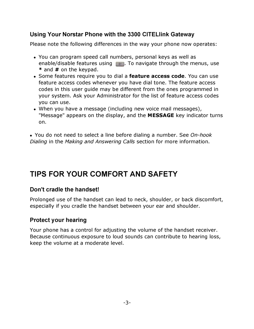 Mitel T7208 manual Tips for Your Comfort and Safety, Using Your Norstar Phone with the 3300 CITELlink Gateway 